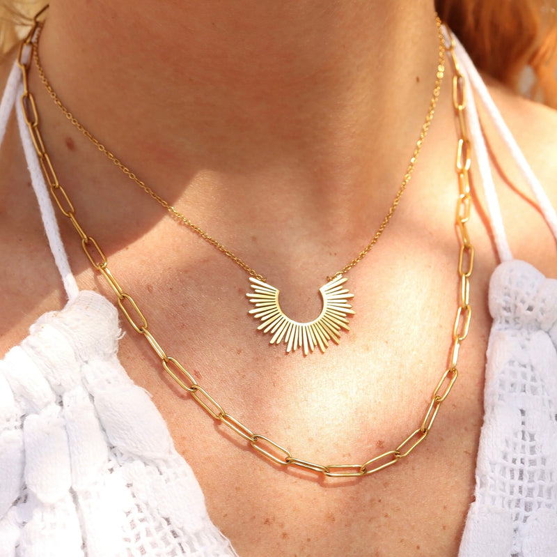 hailey layered paperclip necklace & sunburst charm necklace
